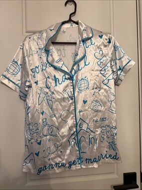 Bridal Satin Button-Up Pajama Top — Blue on White